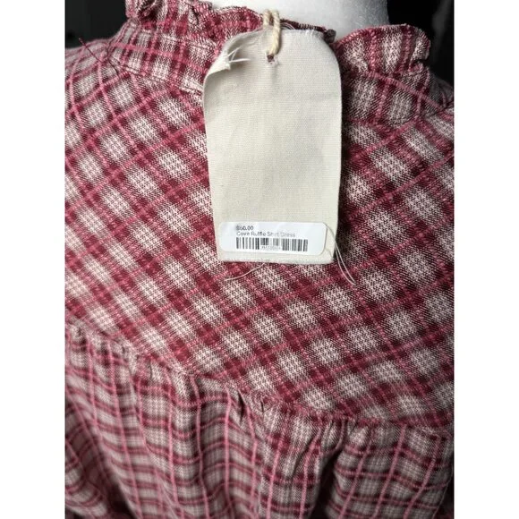 NEW Hem & Thread Womens M Plaid Shirtdress Ruffle Pink White Botton Long Sleeve - Picture 5 of 15